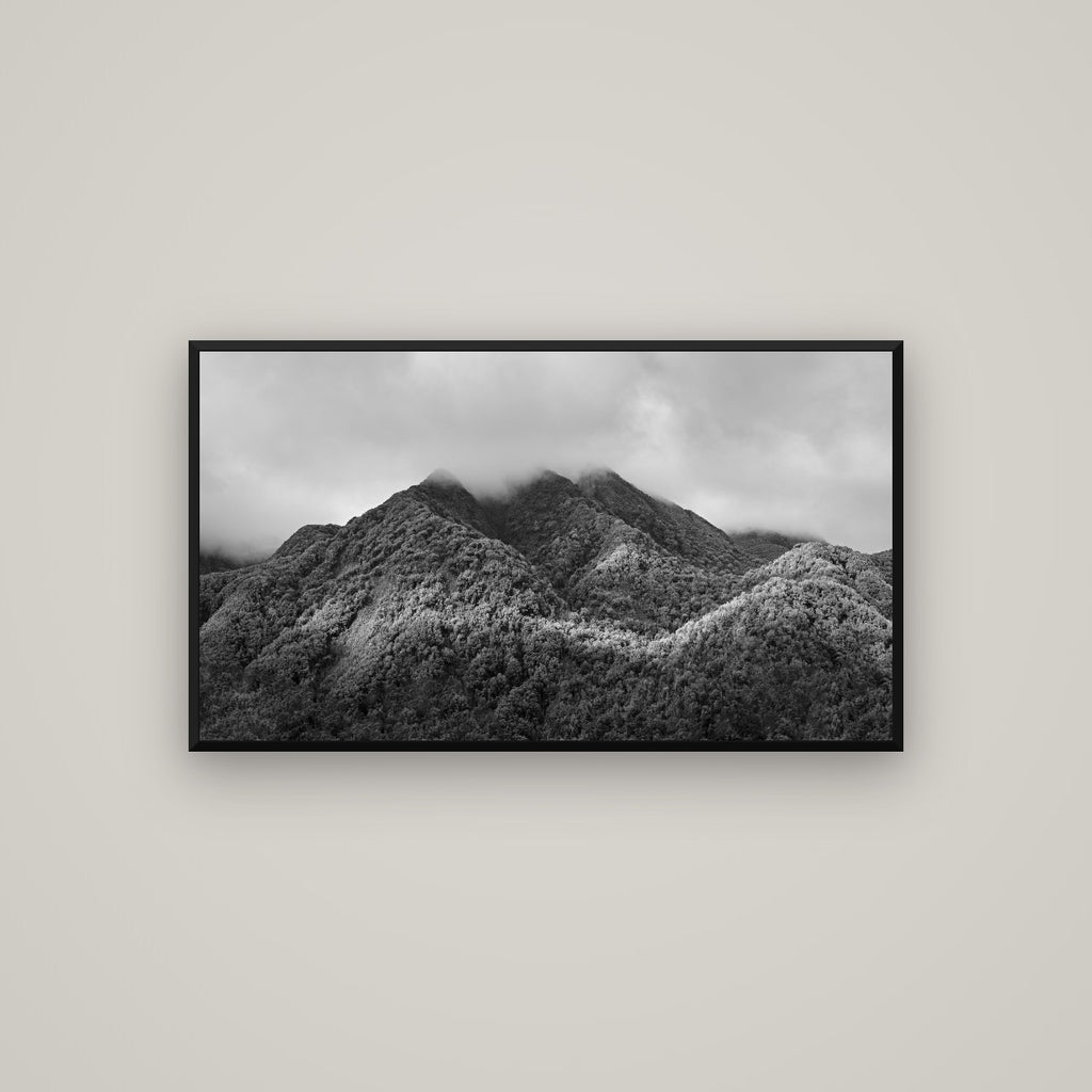 Nature's Embrace, Haast pass — Basel Black Matte, 107×60 cm. New Zealand fine art wall art by Stephen Milner.