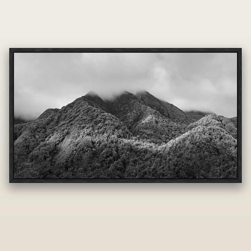Nature's Embrace, Haast pass — black float frame canvas, 200 × 130 cm. New Zealand fine art landscape wall art by Stephen Milner.