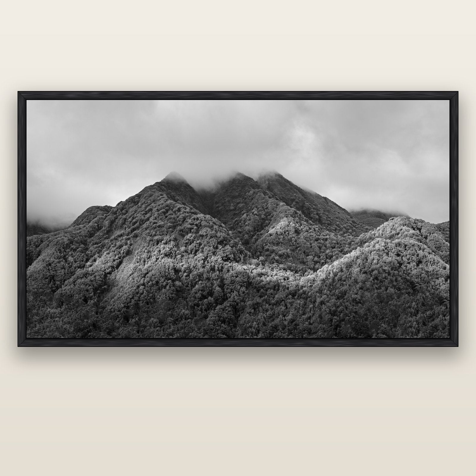 Nature's Embrace, Haast pass — black float frame canvas, 200 × 130 cm. New Zealand fine art landscape wall art by Stephen Milner.