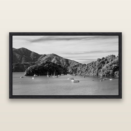Nature's Harbour, Marlborough Sound, black and white framed metallic canvas print, Black frame. New Zealand fine art wall art by Stephen Milner.
