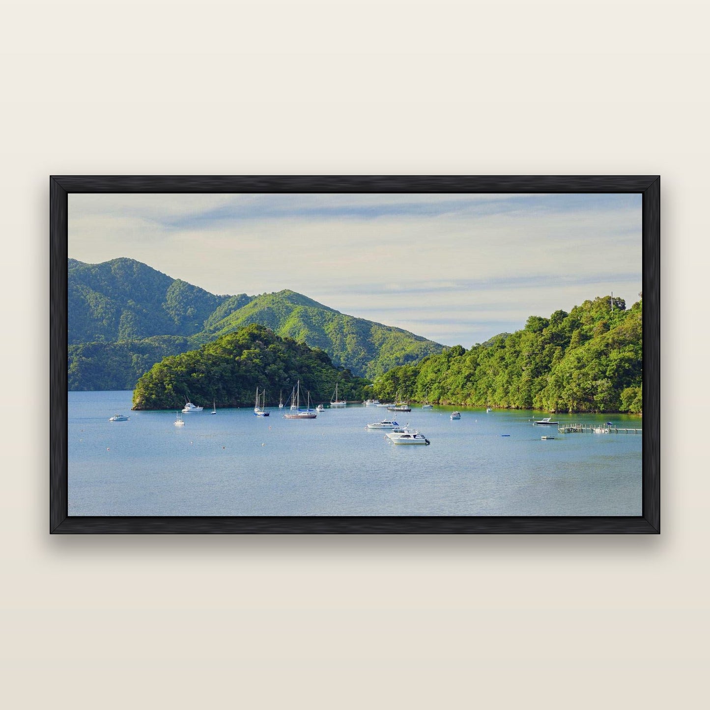 Nature's Harbour, Marlborough Sound — framed metallic canvas print, Black frame. New Zealand fine art landscape wall art by Stephen Milner.