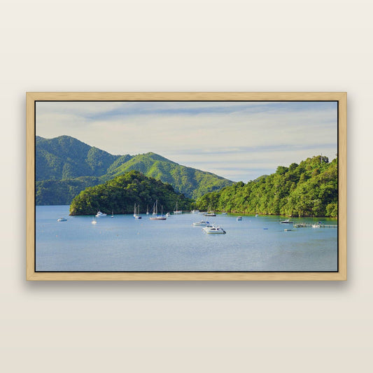 Nature's Harbour, Marlborough Sound — framed metallic canvas print, Natural frame. New Zealand fine art landscape wall art by Stephen Milner.