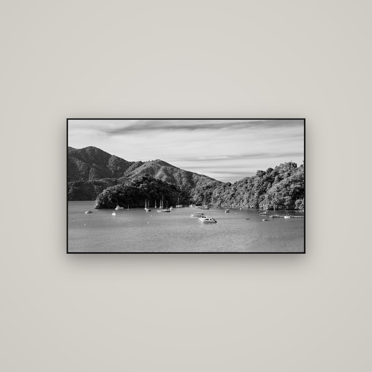 Nature's Harbour, Marlborough Sound — ArtBox Black, 107×60 cm. New Zealand fine art wall art by Stephen Milner.