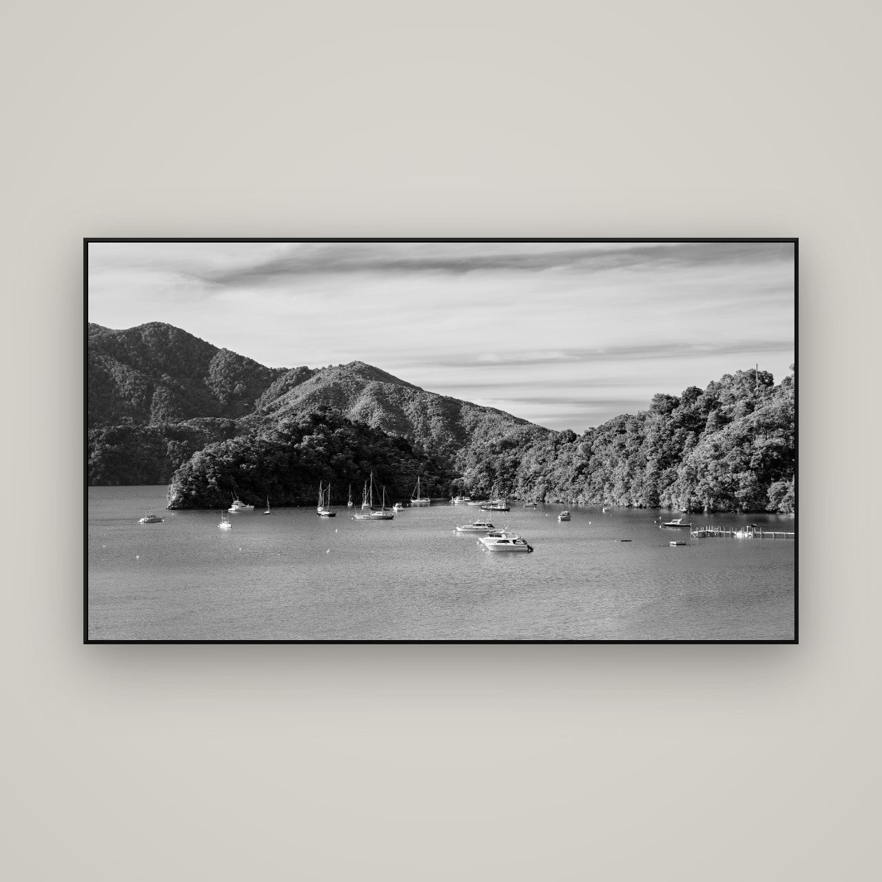 Nature's Harbour, Marlborough Sound — ArtBox Black, 160×90 cm. New Zealand fine art wall art by Stephen Milner.