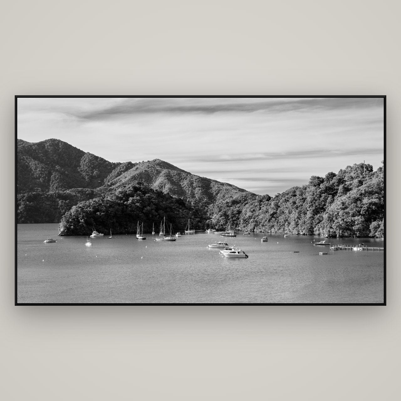 Nature's Harbour, Marlborough Sound — ArtBox Black, 196×110 cm. New Zealand fine art wall art by Stephen Milner.