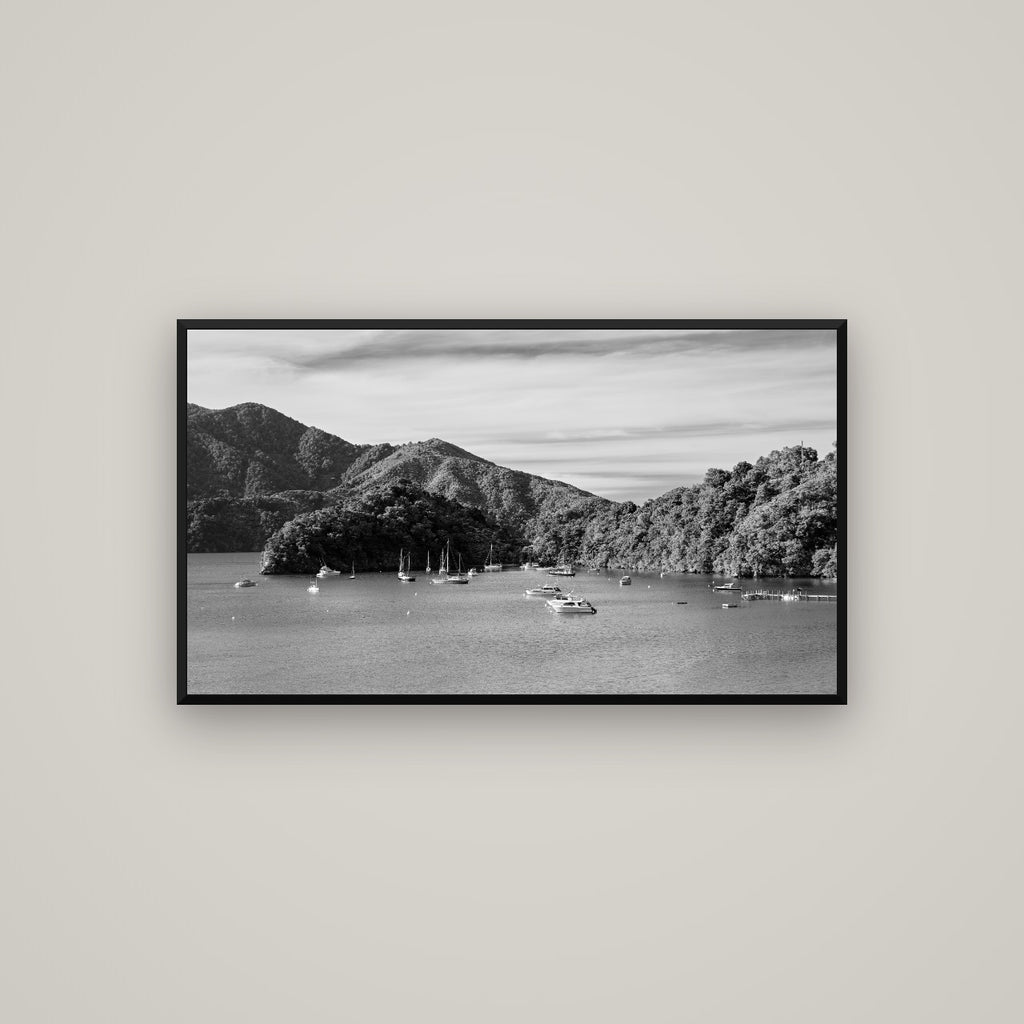 Nature's Harbour, Marlborough Sound — Basel Black Matte, 107×60 cm. New Zealand fine art wall art by Stephen Milner.