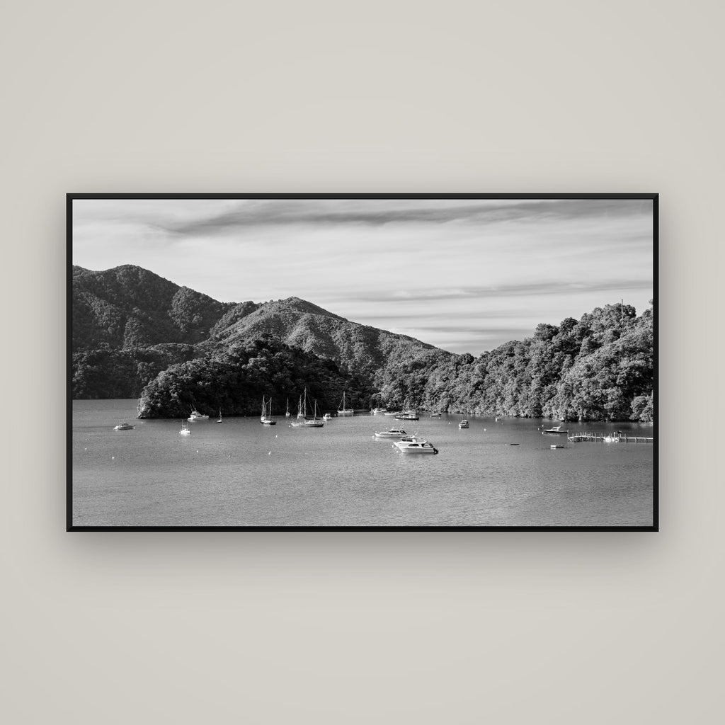 Nature's Harbour, Marlborough Sound — Basel Black Matte, 160×90 cm. New Zealand fine art wall art by Stephen Milner.