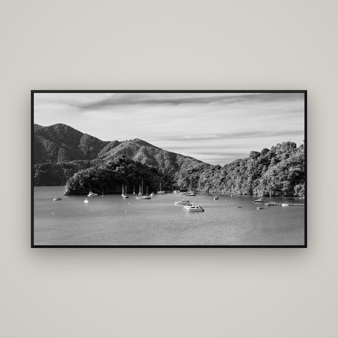 Nature's Harbour, Marlborough Sound — Basel Black, 160×90 cm. New Zealand fine art wall art by Stephen Milner.