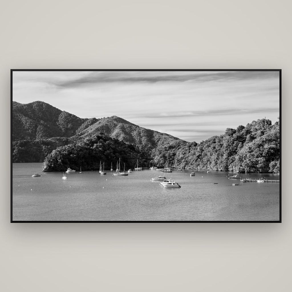 Nature's Harbour, Marlborough Sound — Basel Black Matte, 196×110 cm. New Zealand fine art wall art by Stephen Milner.