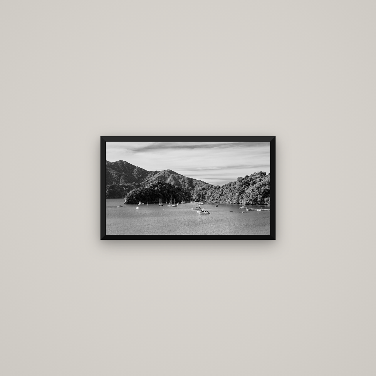 Nature's Harbour, Marlborough Sound — Basel Black Matte, 53×30 cm. New Zealand fine art wall art by Stephen Milner.
