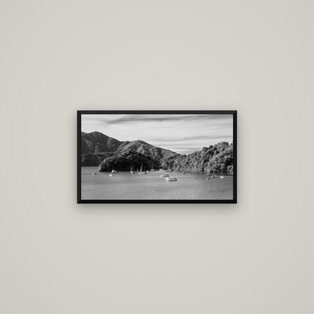 Nature's Harbour, Marlborough Sound — Basel Black Matte, 64×36 cm. New Zealand fine art wall art by Stephen Milner.
