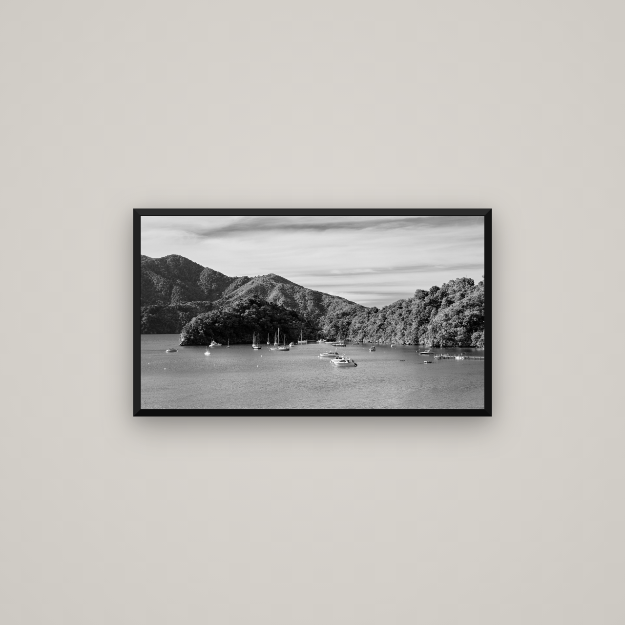 Nature's Harbour, Marlborough Sound — Basel Black Matte, 80×45 cm. New Zealand fine art wall art by Stephen Milner.