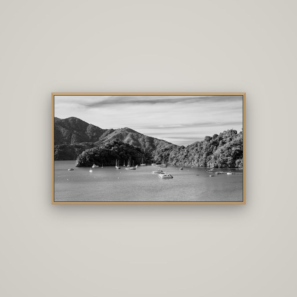Nature's Harbour, Marlborough Sound, Basel Natural Oak, 107×60 cm. New Zealand fine art wall art by Stephen Milner.
