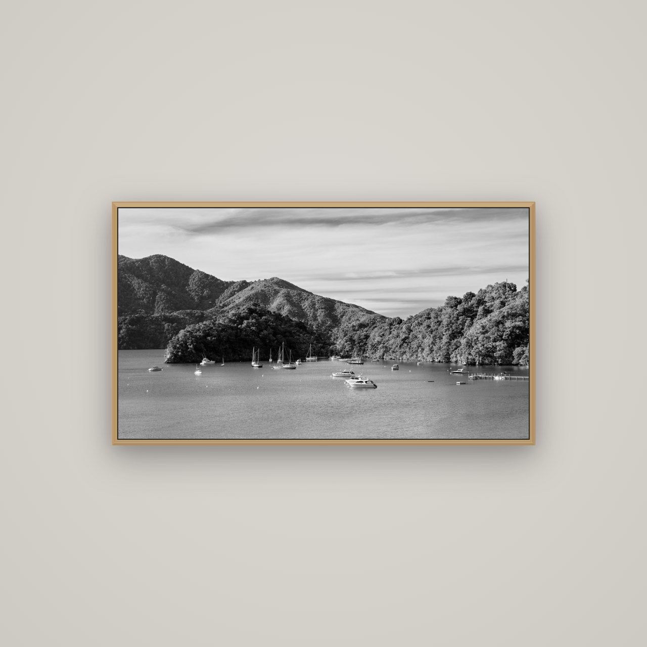 Nature's Harbour, Marlborough Sound, Basel Natural Oak, 107×60 cm. New Zealand fine art wall art by Stephen Milner.