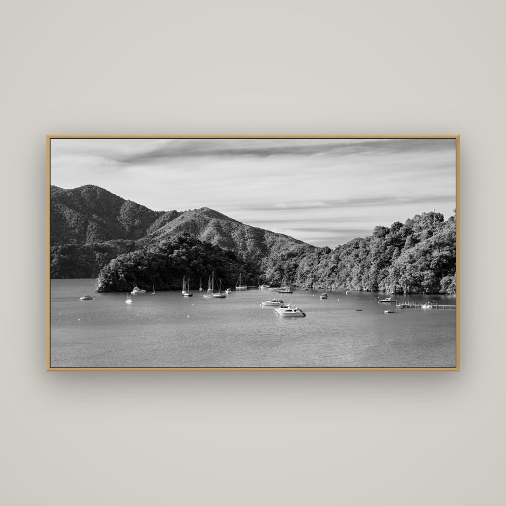 Nature's Harbour, Marlborough Sound, Basel Natural Oak, 160×90 cm. New Zealand fine art wall art by Stephen Milner.