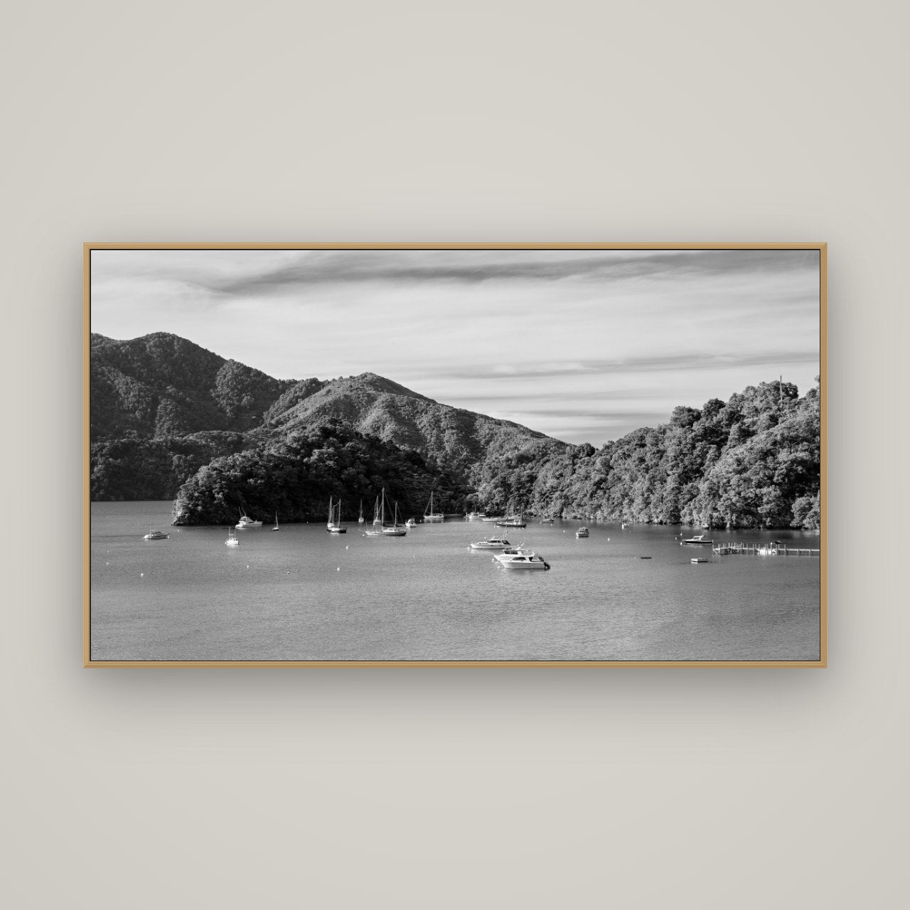 Nature's Harbour, Marlborough Sound, Basel Natural Oak, 160×90 cm. New Zealand fine art wall art by Stephen Milner.
