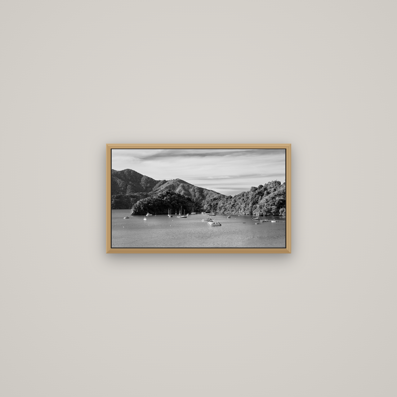 Nature's Harbour, Marlborough Sound, Basel Natural Oak, 53×30 cm. New Zealand fine art wall art by Stephen Milner.