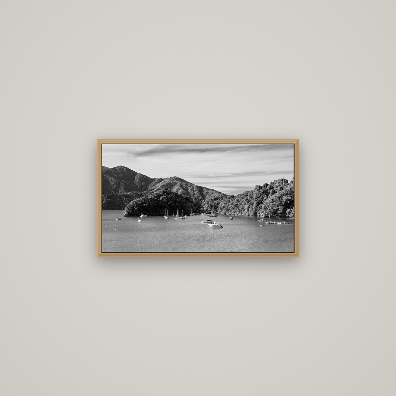 Nature's Harbour, Marlborough Sound, Basel Natural Oak, 64×36 cm. New Zealand fine art wall art by Stephen Milner.
