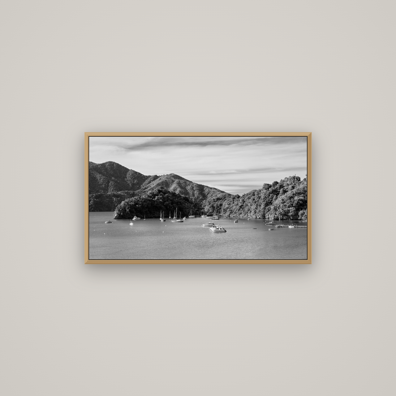 Nature's Harbour, Marlborough Sound, Basel Natural Oak, 80×45 cm. New Zealand fine art wall art by Stephen Milner.