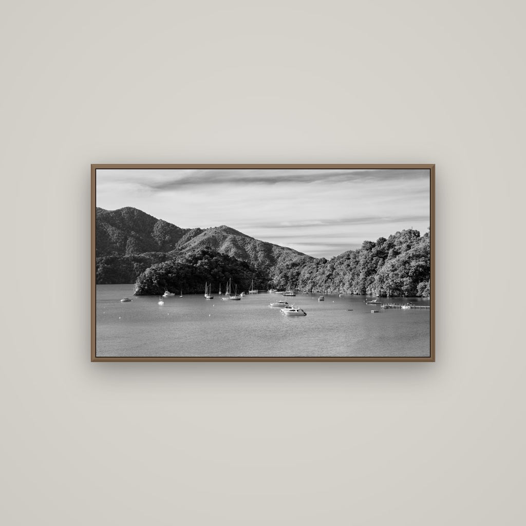 Nature's Harbour, Marlborough Sound, Basel Walnut, 107×60 cm. New Zealand fine art wall art by Stephen Milner.