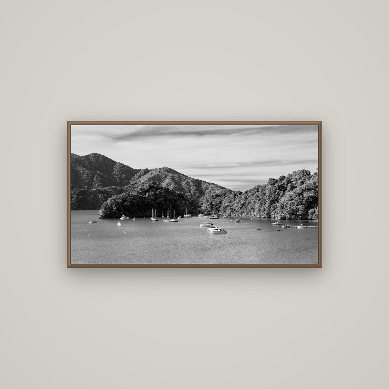 Nature's Harbour, Marlborough Sound, Basel Walnut, 107×60 cm. New Zealand fine art wall art by Stephen Milner.