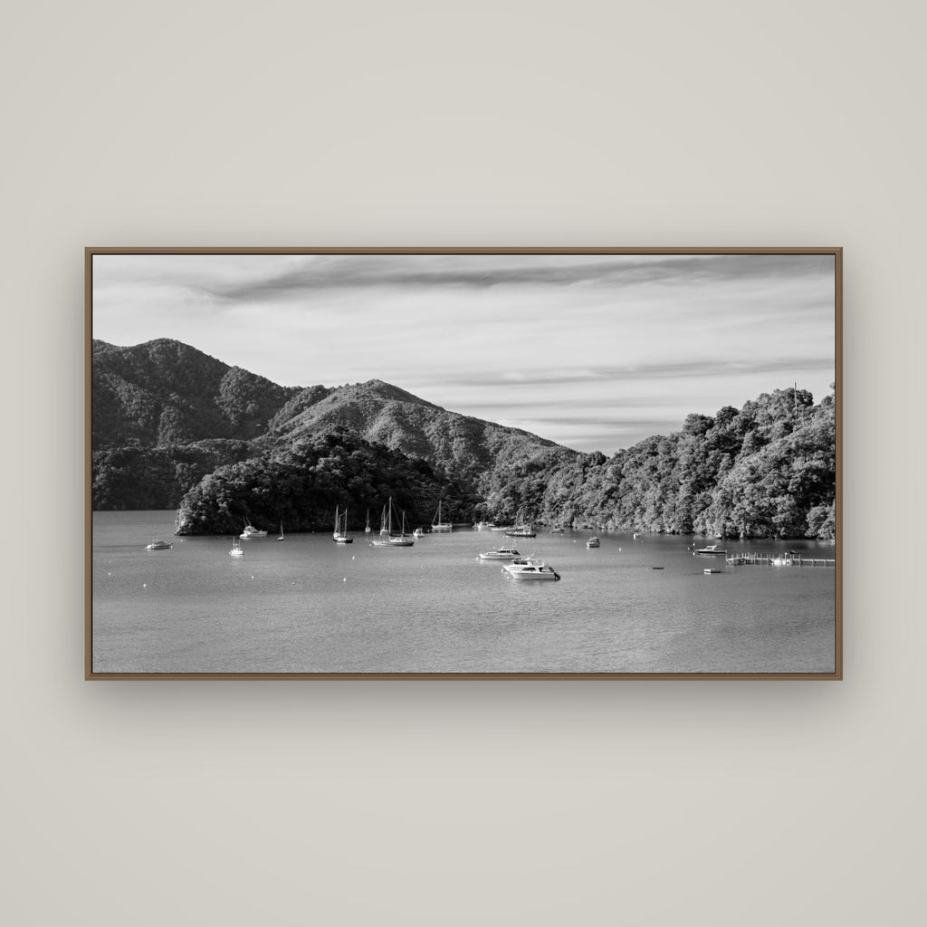 Nature's Harbour, Marlborough Sound, Basel Walnut, 160×90 cm. New Zealand fine art wall art by Stephen Milner.