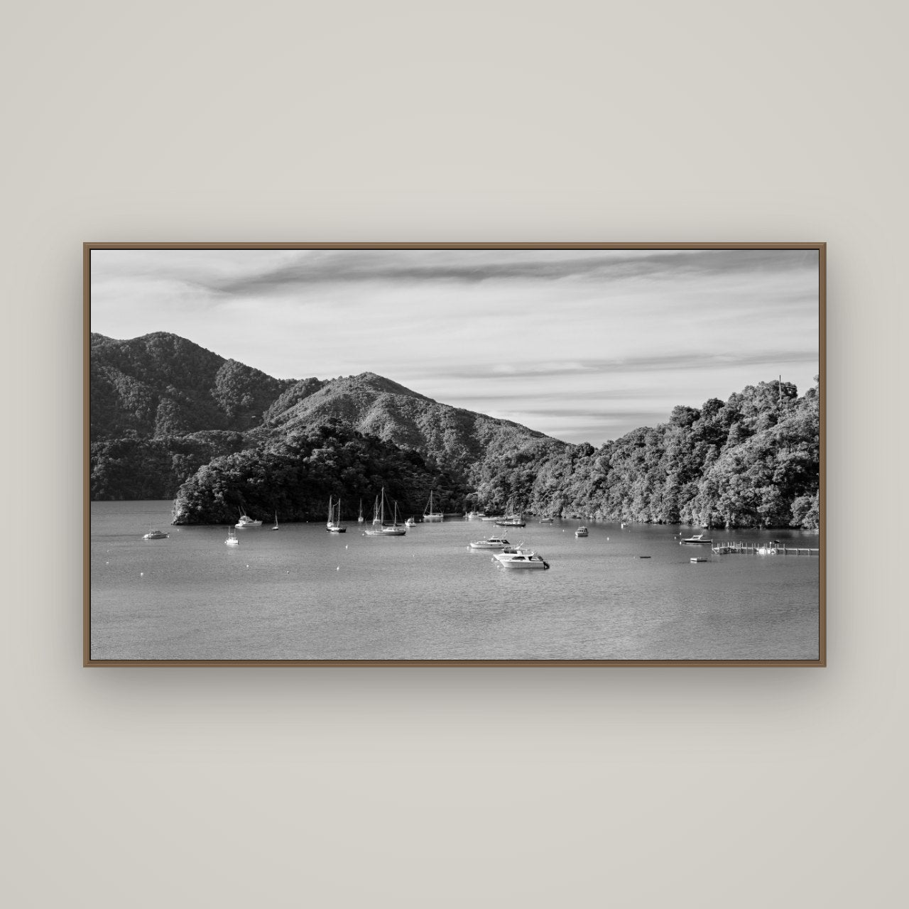 Nature's Harbour, Marlborough Sound, Basel Walnut, 160×90 cm. New Zealand fine art wall art by Stephen Milner.