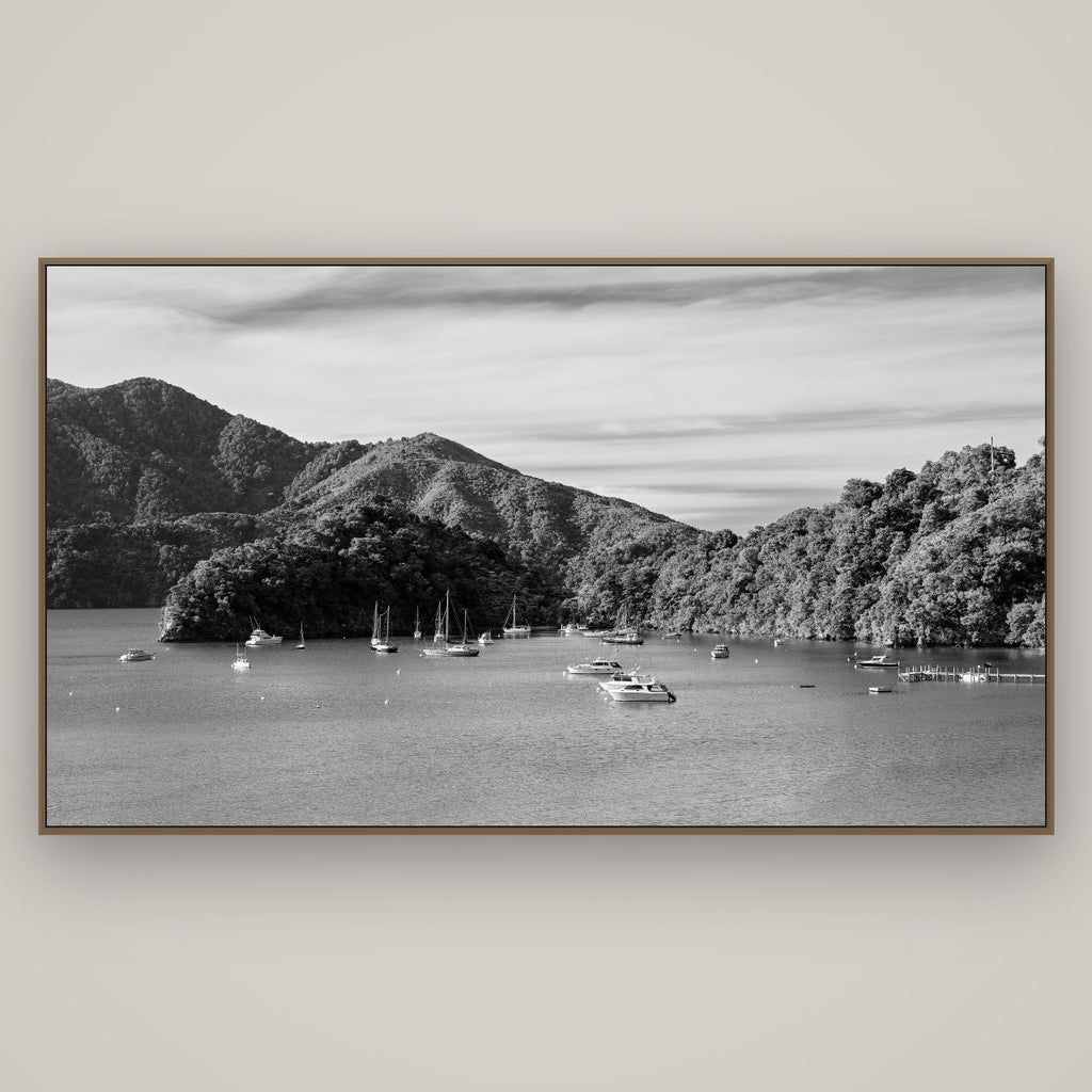 Nature's Harbour, Marlborough Sound, Basel Walnut, 196×110 cm. New Zealand fine art wall art by Stephen Milner.