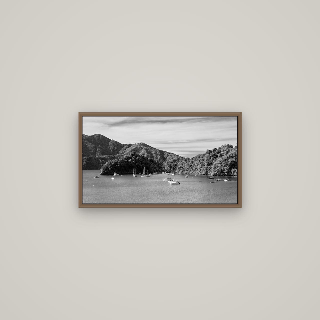 Nature's Harbour, Marlborough Sound, Basel Walnut, 64×36 cm. New Zealand fine art wall art by Stephen Milner.