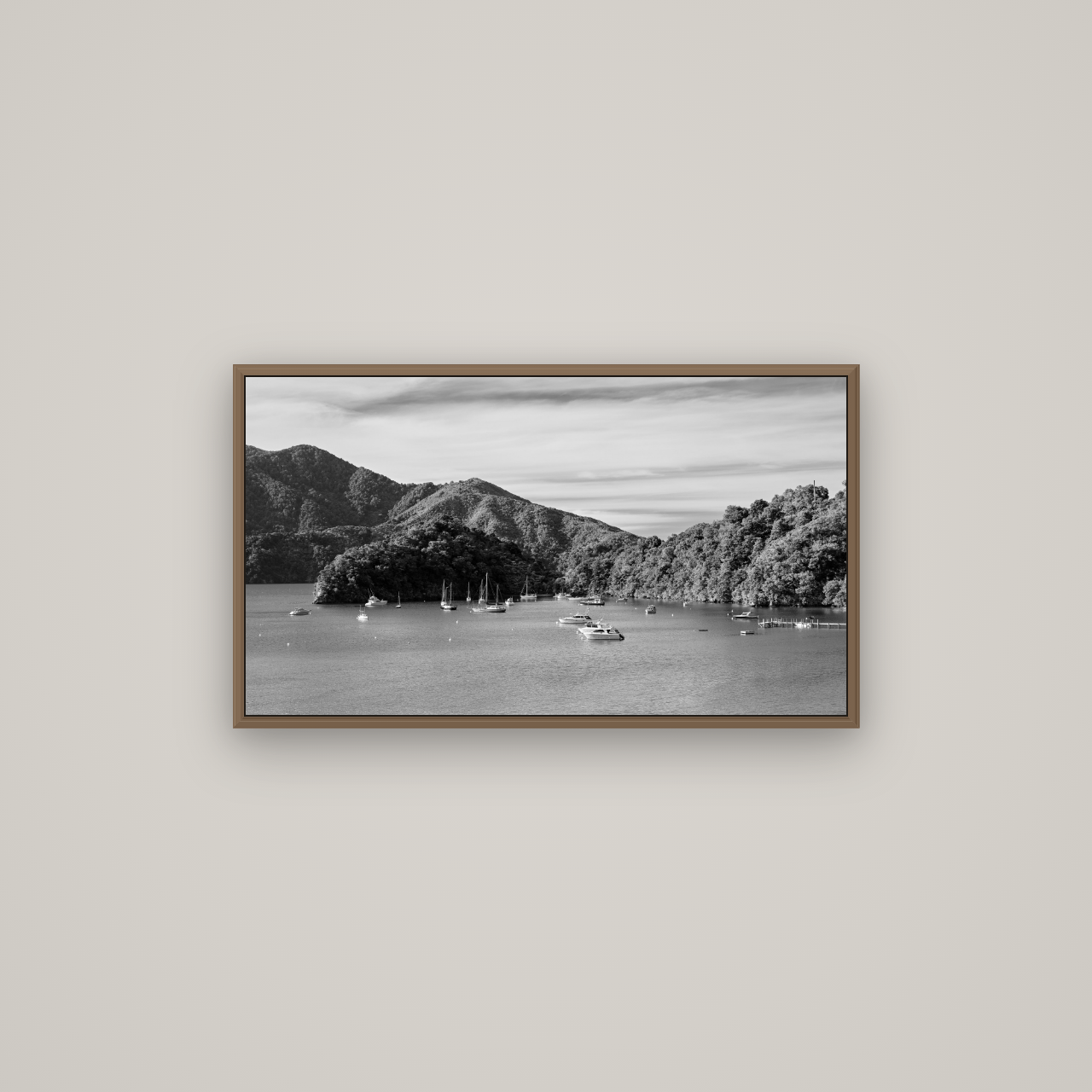 Nature's Harbour, Marlborough Sound, Basel Walnut, 80×45 cm. New Zealand fine art wall art by Stephen Milner.