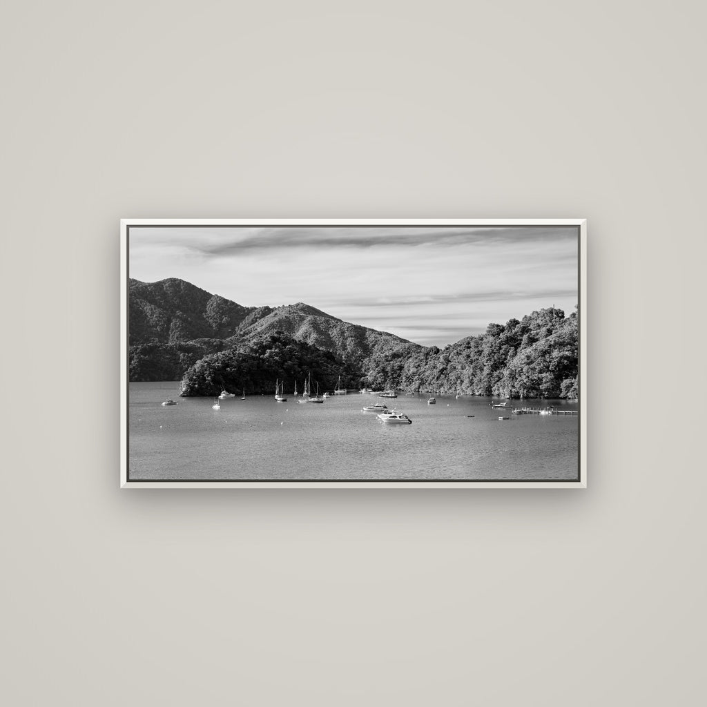 Nature's Harbour, Marlborough Sound — Basel White, 107×60 cm. New Zealand fine art wall art by Stephen Milner.