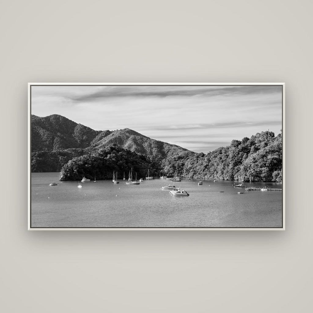 Nature's Harbour, Marlborough Sound — Basel White, 160×90 cm. New Zealand fine art wall art by Stephen Milner.