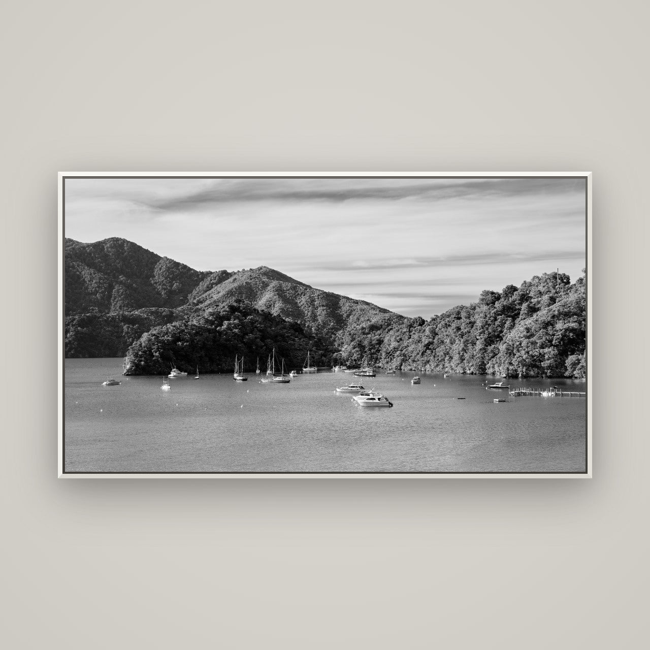 Nature's Harbour, Marlborough Sound — Basel White, 160×90 cm. New Zealand fine art wall art by Stephen Milner.