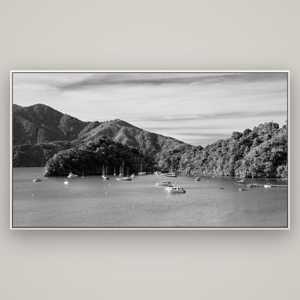 Nature's Harbour, Marlborough Sound — Basel White, 196×110 cm. New Zealand fine art wall art by Stephen Milner.