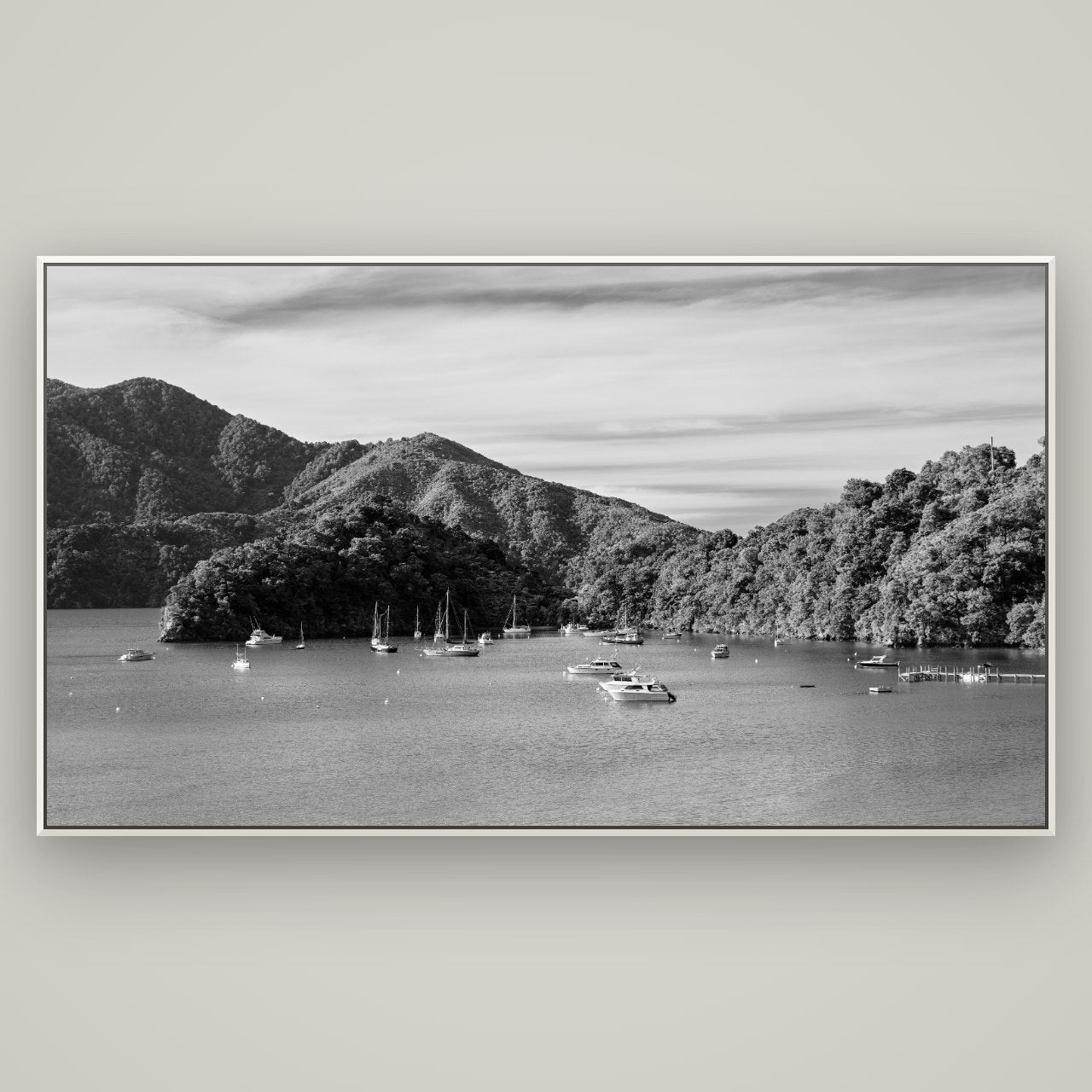 Nature's Harbour, Marlborough Sound — Basel White, 196×110 cm. New Zealand fine art wall art by Stephen Milner.