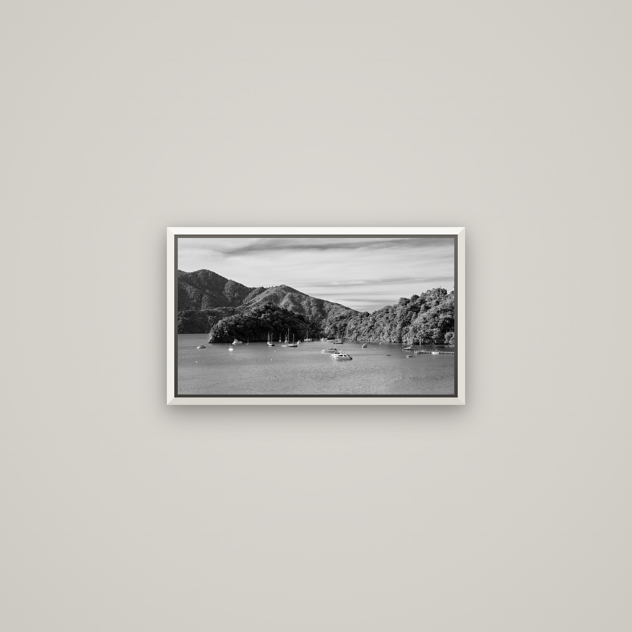 Nature's Harbour, Marlborough Sound — Basel White, 53×30 cm. New Zealand fine art wall art by Stephen Milner.