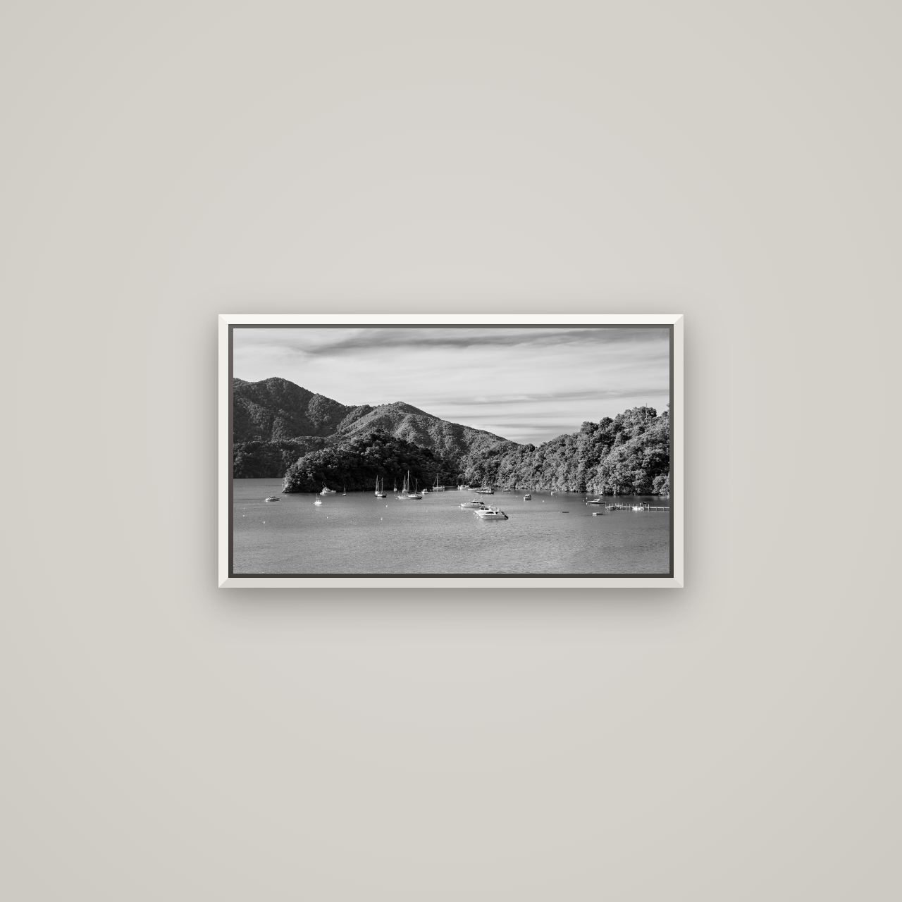 Nature's Harbour, Marlborough Sound — Basel White, 64×36 cm. New Zealand fine art wall art by Stephen Milner.