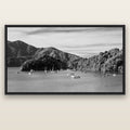 Nature's Harbour, Marlborough Sound — black float frame canvas, 200 × 130 cm. New Zealand fine art landscape wall art by Stephen Milner.