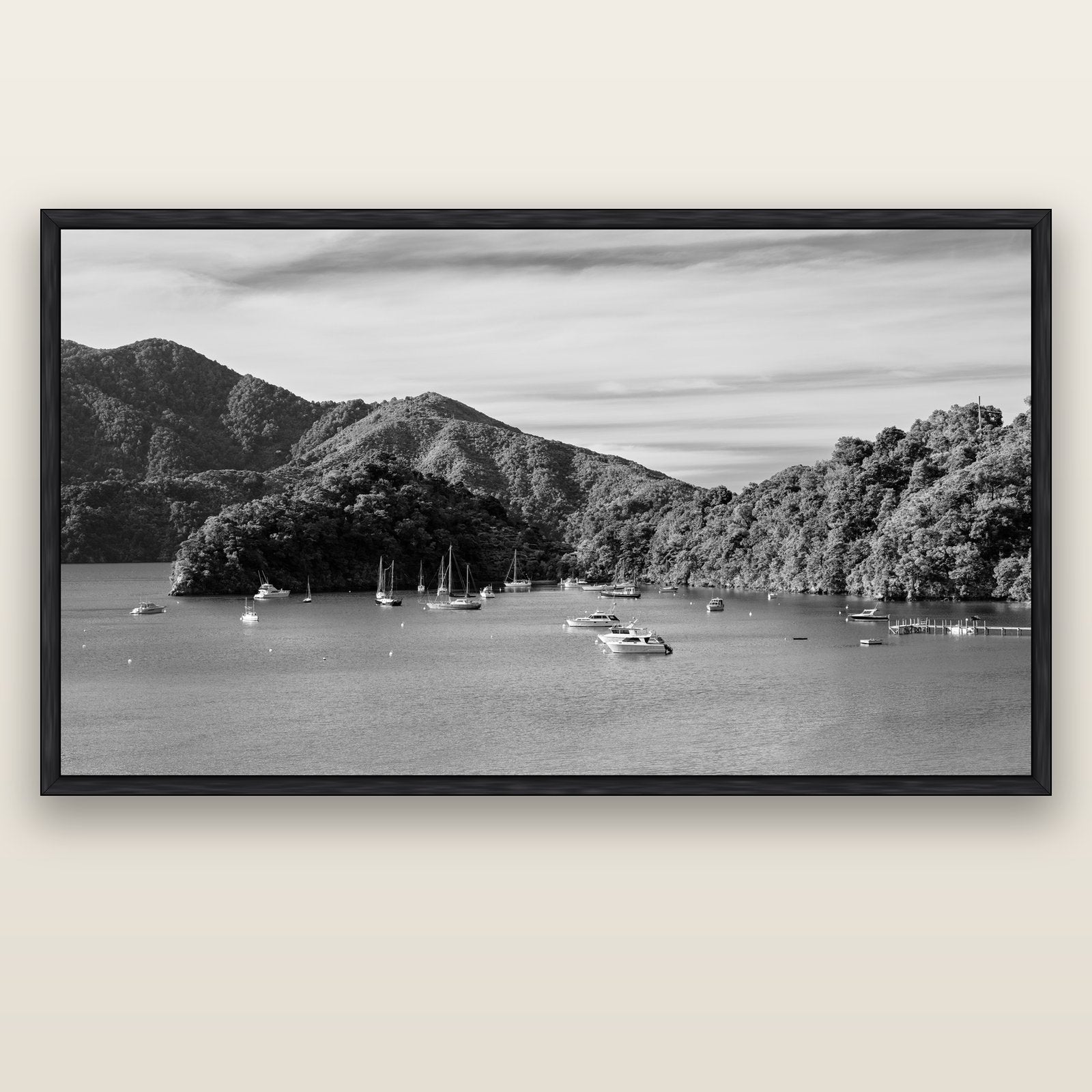 Nature's Harbour, Marlborough Sound — black float frame canvas, 200 × 130 cm. New Zealand fine art landscape wall art by Stephen Milner.