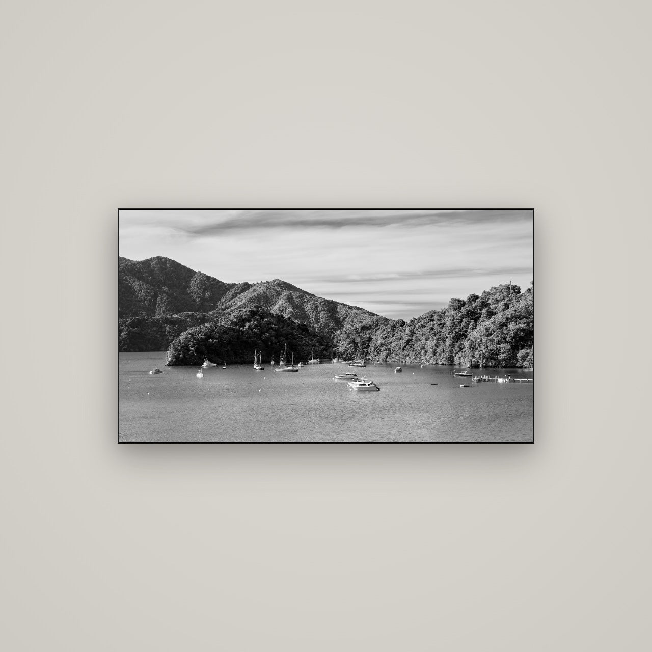 Nature's Harbour, Marlborough Sound — Slimline Black, 107×60 cm. New Zealand fine art wall art by Stephen Milner.