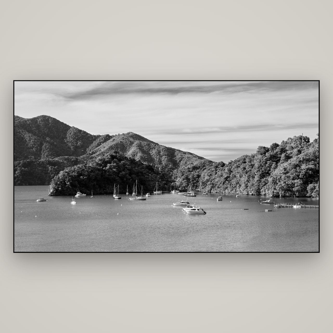 Nature's Harbour, Marlborough Sound — Slimline Black, 196×110 cm. New Zealand fine art wall art by Stephen Milner.