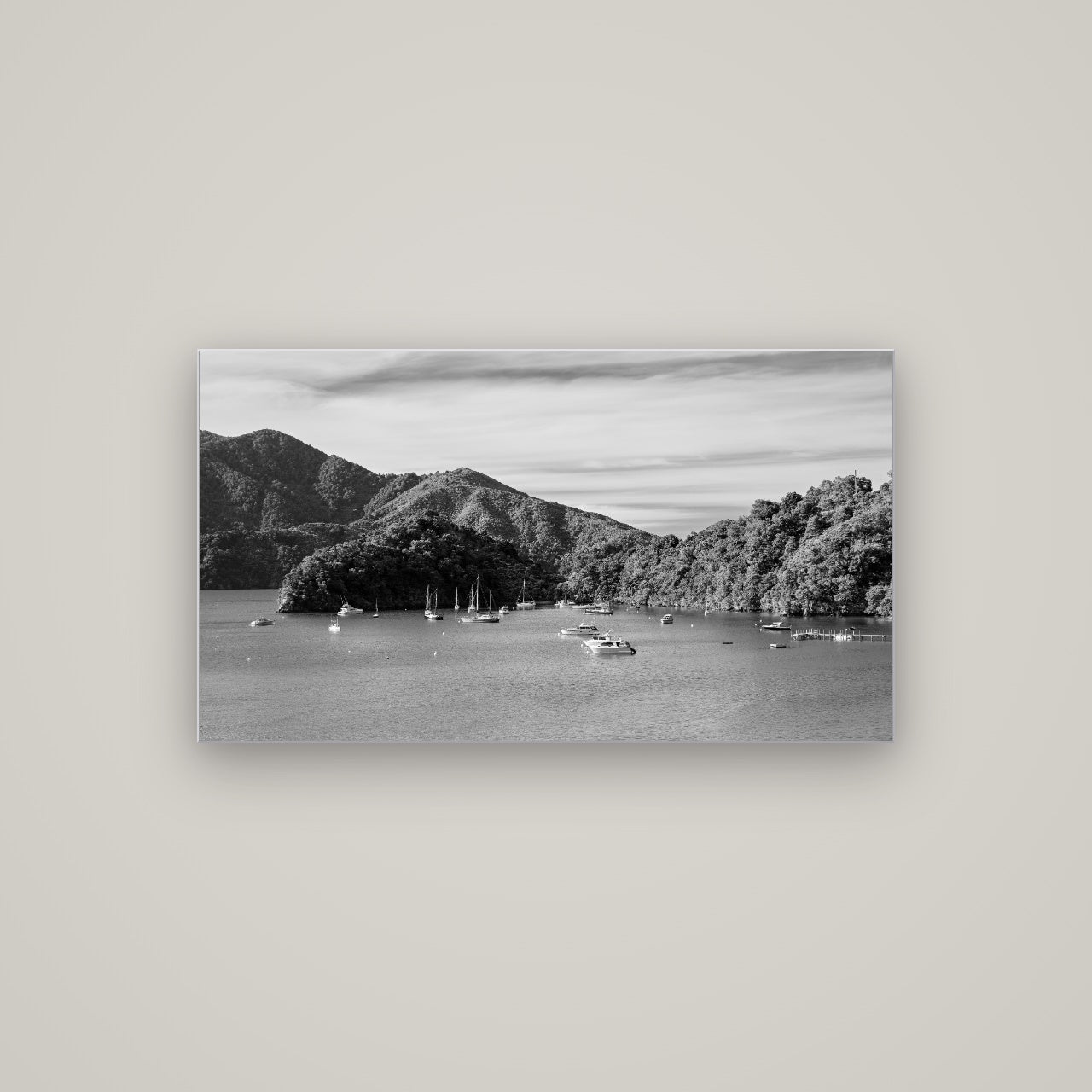 Nature's Harbour, Marlborough Sound — Slimline Silver, 107×60 cm. New Zealand fine art wall art by Stephen Milner.