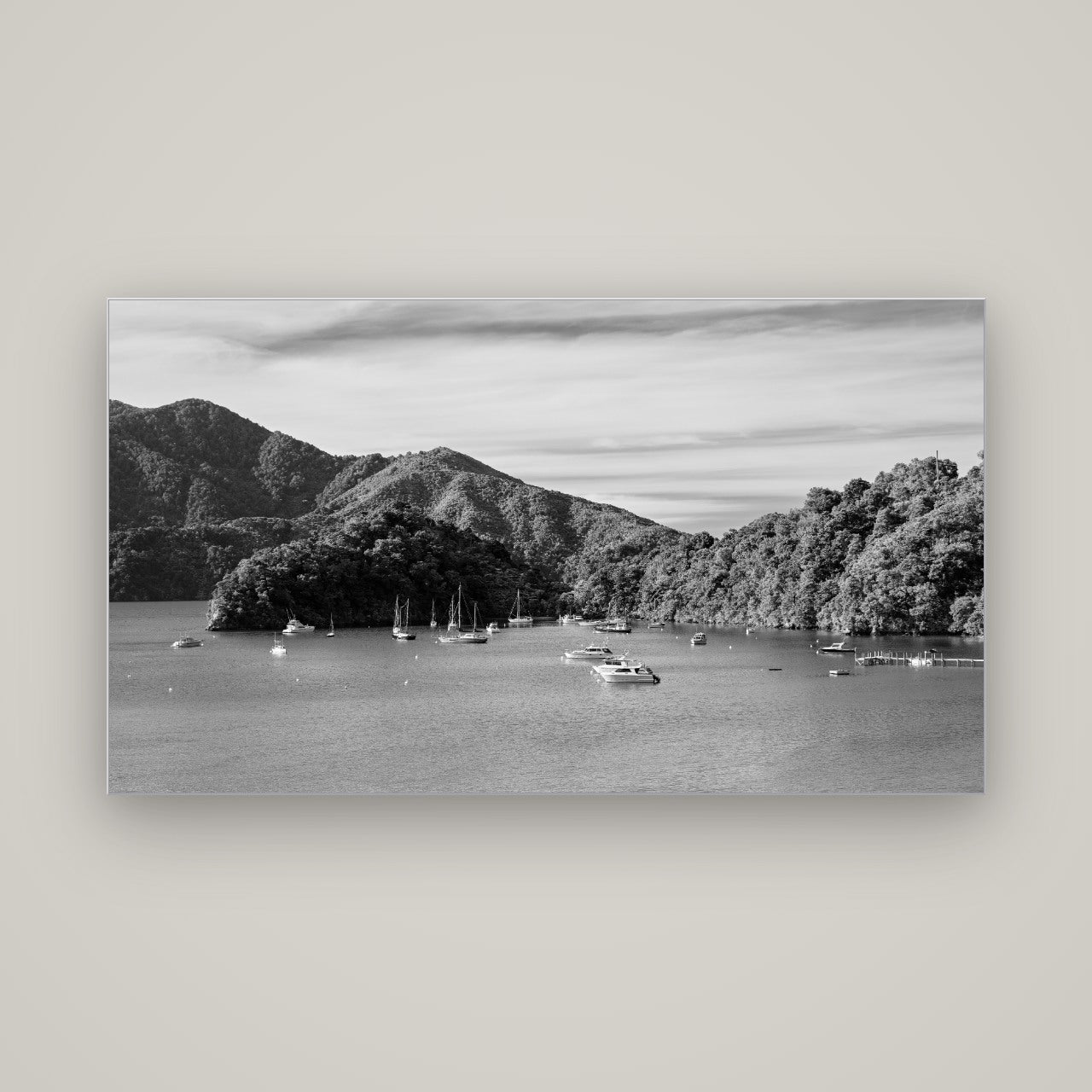 Nature's Harbour, Marlborough Sound — Slimline Silver, 160×90 cm. New Zealand fine art wall art by Stephen Milner.