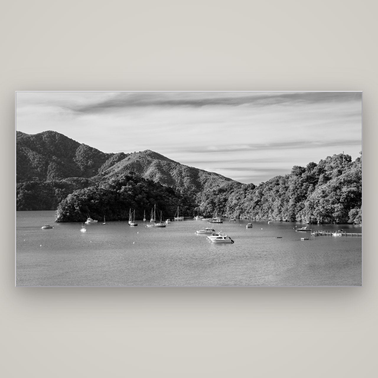 Nature's Harbour, Marlborough Sound — Slimline Silver, 196×110 cm. New Zealand fine art wall art by Stephen Milner.