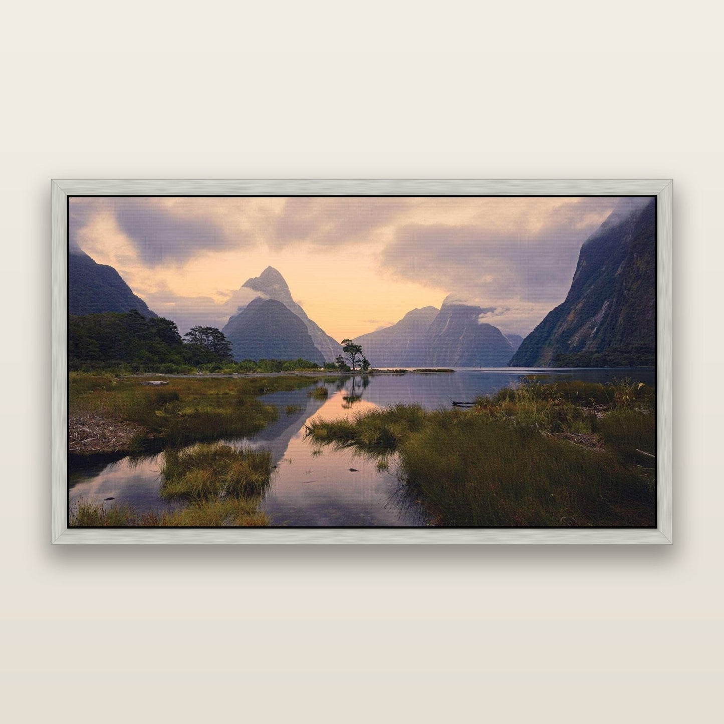 Nature's Masterpiece, Milford Sound — framed metallic canvas print, Antique Silver frame. New Zealand fine art landscape wall art by Stephen Milner.