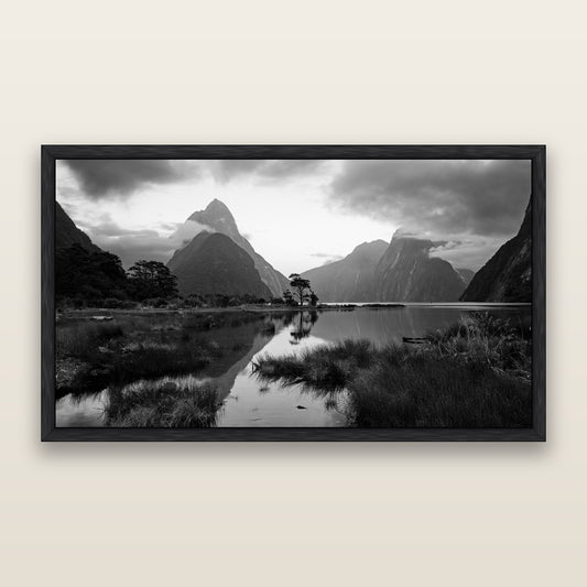 Nature's Masterpiece, Milford Sound, black and white framed metallic canvas print, Black frame. New Zealand fine art wall art by Stephen Milner.