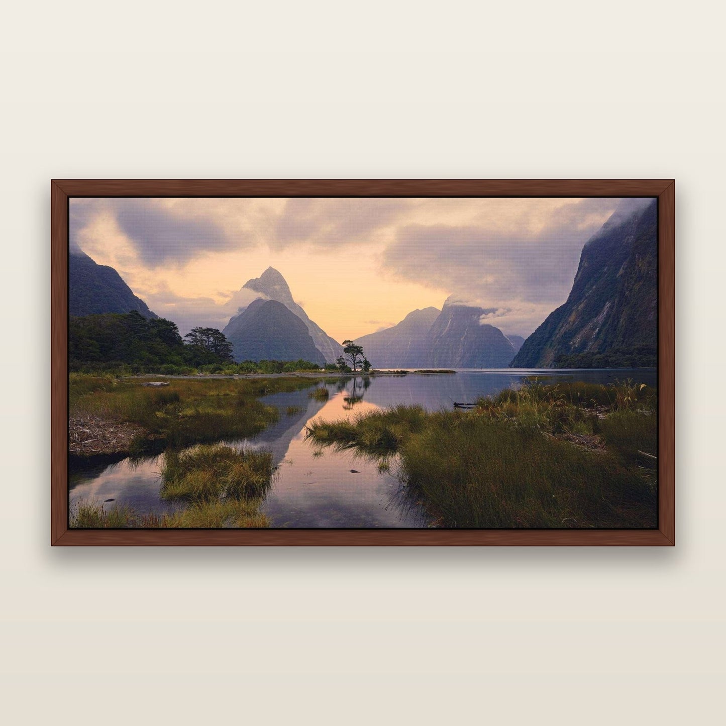 Nature's Masterpiece, Milford Sound — framed metallic canvas print, Brown frame. New Zealand fine art landscape wall art by Stephen Milner.