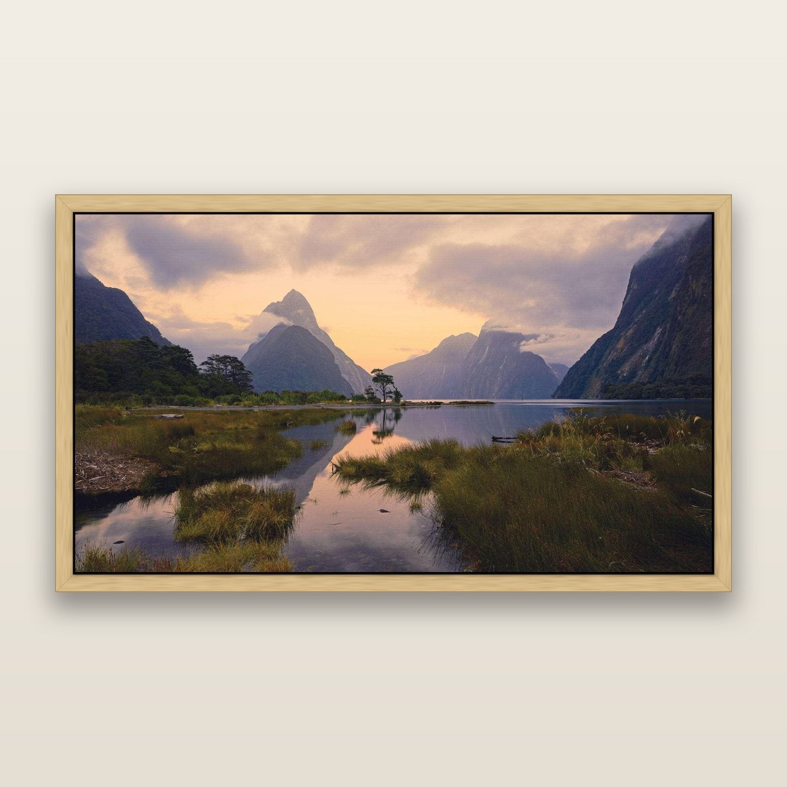 Nature's Masterpiece, Milford Sound — framed metallic canvas print, Natural frame. New Zealand fine art landscape wall art by Stephen Milner.