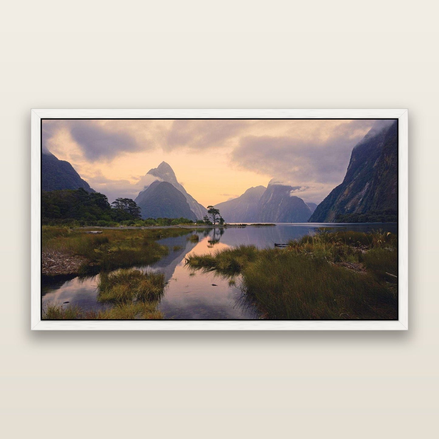 Nature's Masterpiece, Milford Sound — framed metallic canvas print, White frame. New Zealand fine art landscape wall art by Stephen Milner.