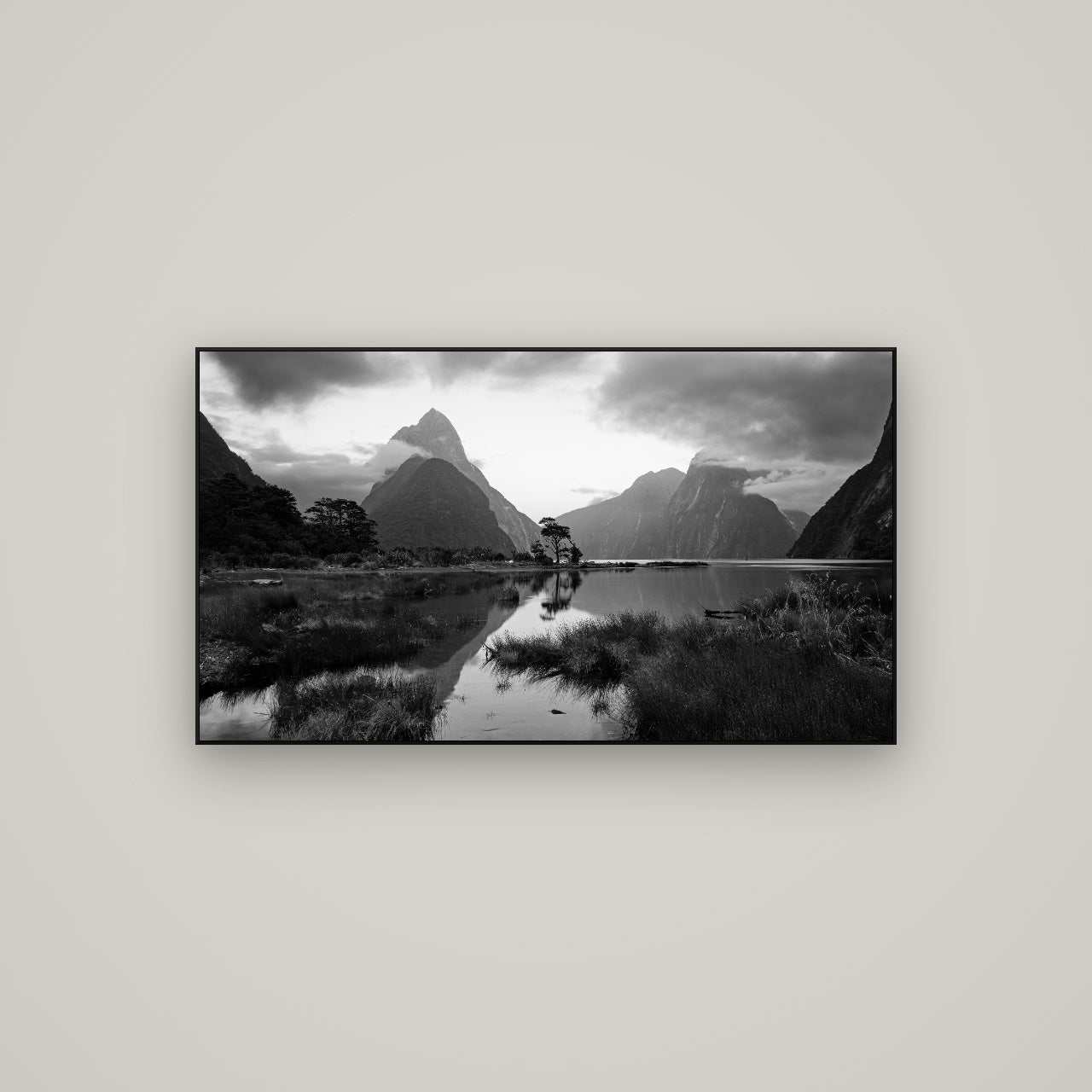 Nature's Masterpiece, Milford Sound — ArtBox Black, 107×60 cm. New Zealand fine art wall art by Stephen Milner.